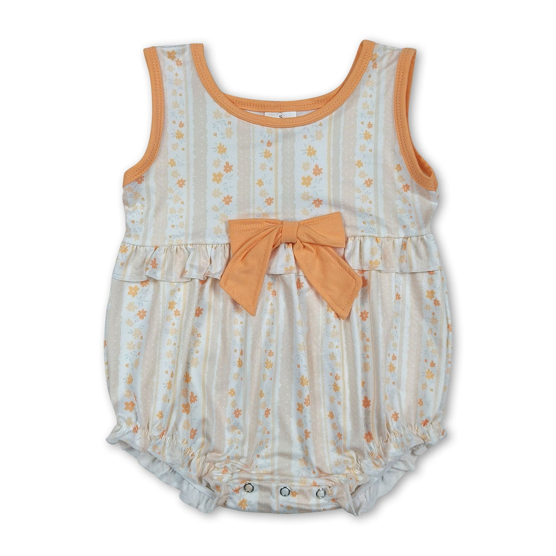 Mini Rodeo girl bubble romper with sleeveless floral design, bow detail, and ruffle accents for summer baby girls.