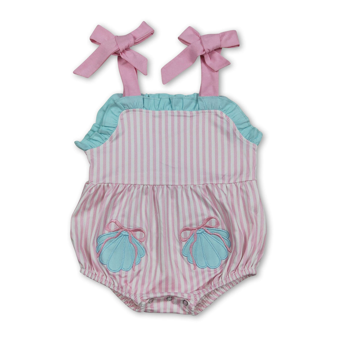 Mini Rodeo girl romper with bow embroidery and stripe design, featuring straps and bubble style for baby girls.