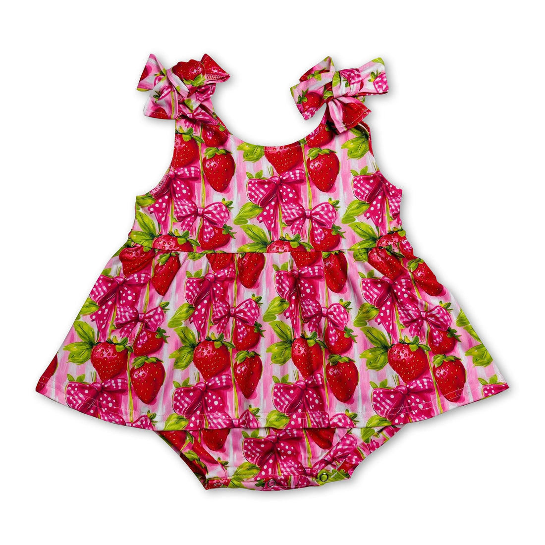 Baby girl romper with sleeveless strawberry bow design, Mini Rodeo girl bubbles, soft fabric and cute dainty details.