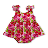 Baby girl romper with sleeveless strawberry bow design, Mini Rodeo girl bubbles, soft fabric and cute dainty details.