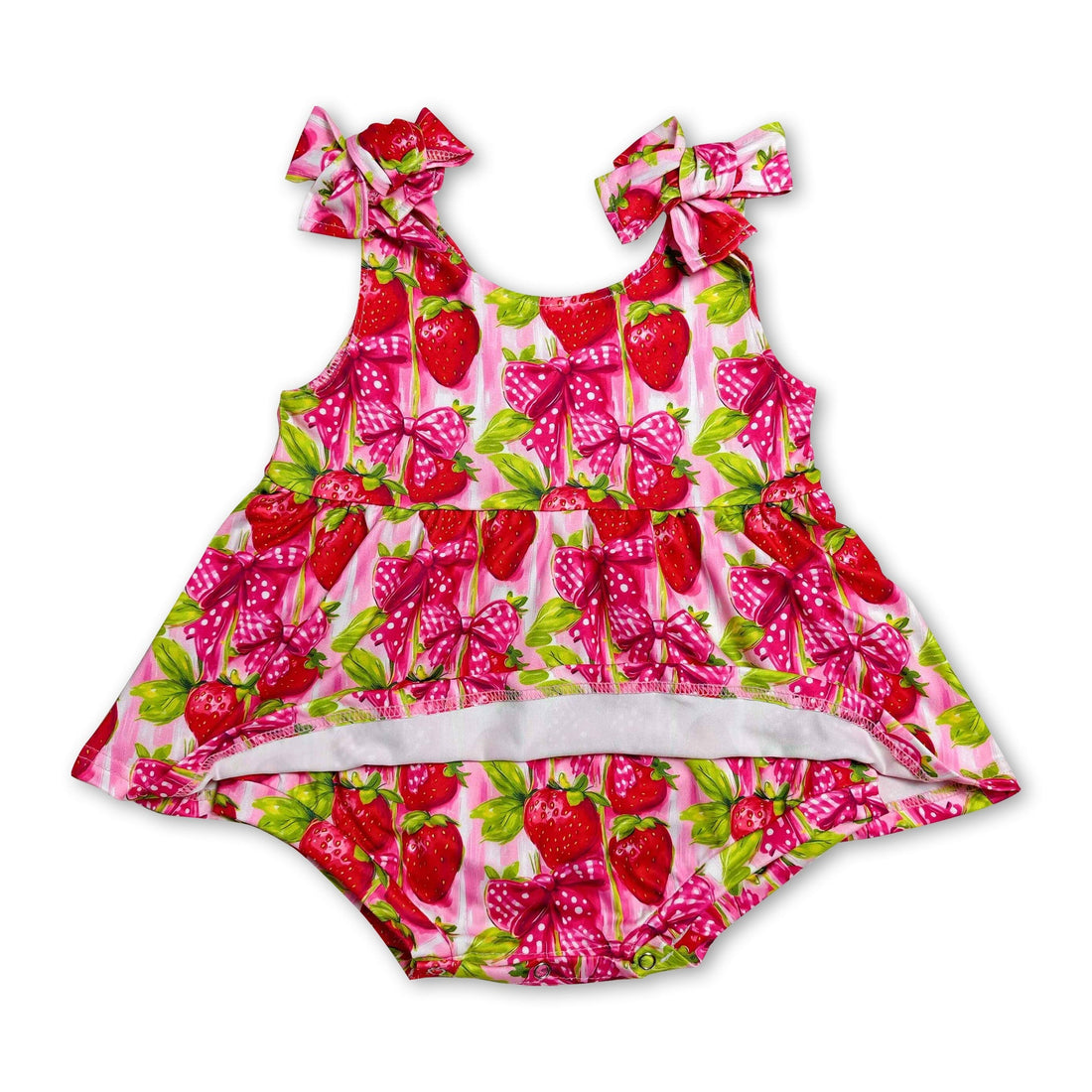 Sleeveless strawberry bow baby girls romper from Mini Rodeo, featuring a cute girl bubble design with colorful fruit print.