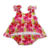 Sleeveless strawberry bow baby girls romper from Mini Rodeo, featuring a cute girl bubble design with colorful fruit print.