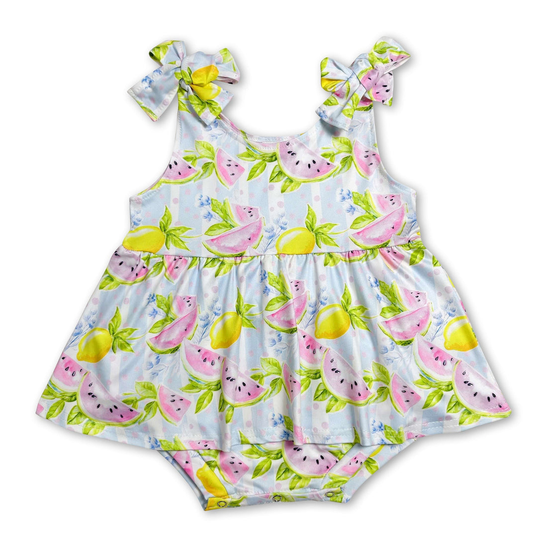 Mini Rodeo girl bubbles romper featuring sleeveless lemon and watermelon print, perfect for baby girls.