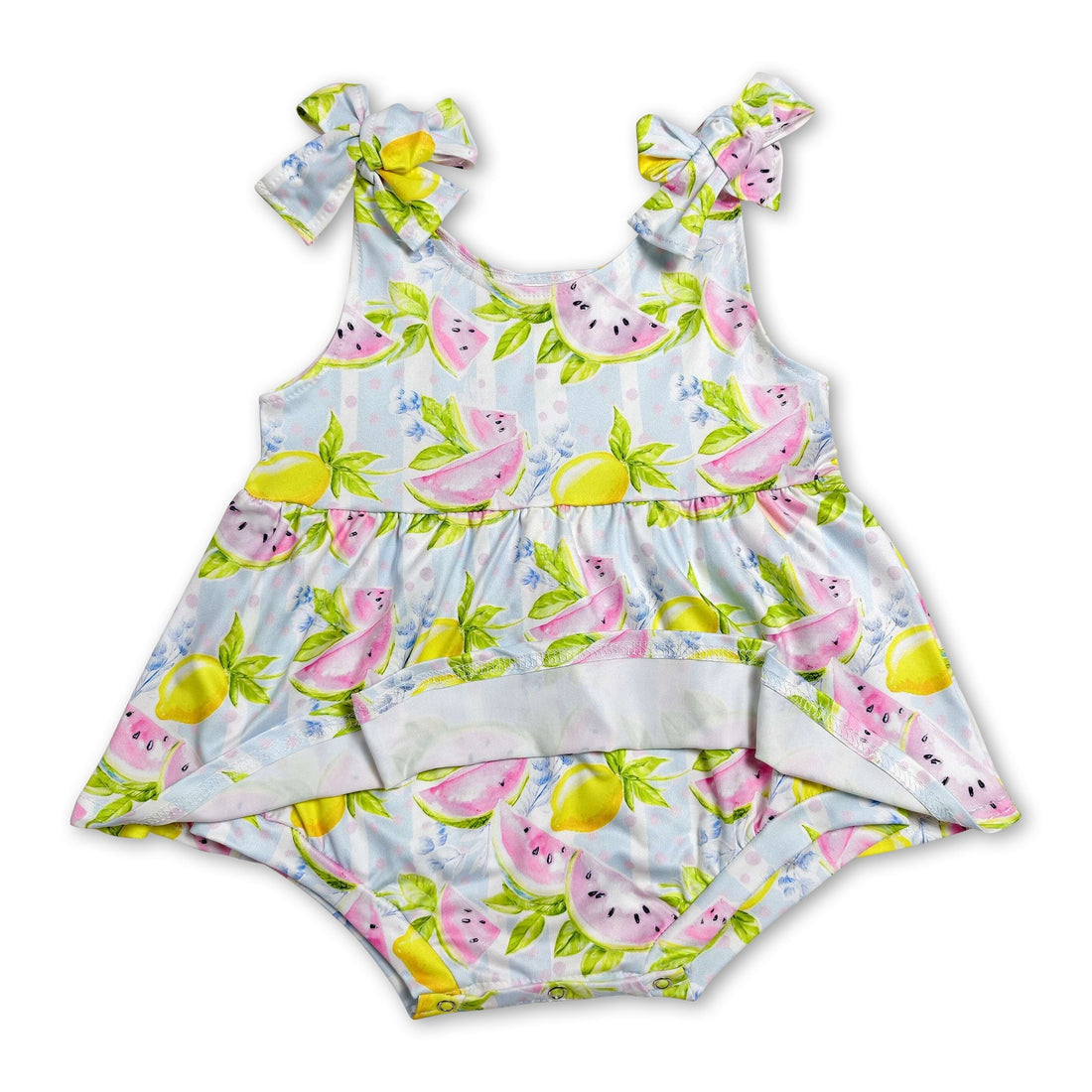 Mini Rodeo sleeveless lemon watermelon girl romper with bubbles, featuring bright fruit print and comfortable fit for baby girls.