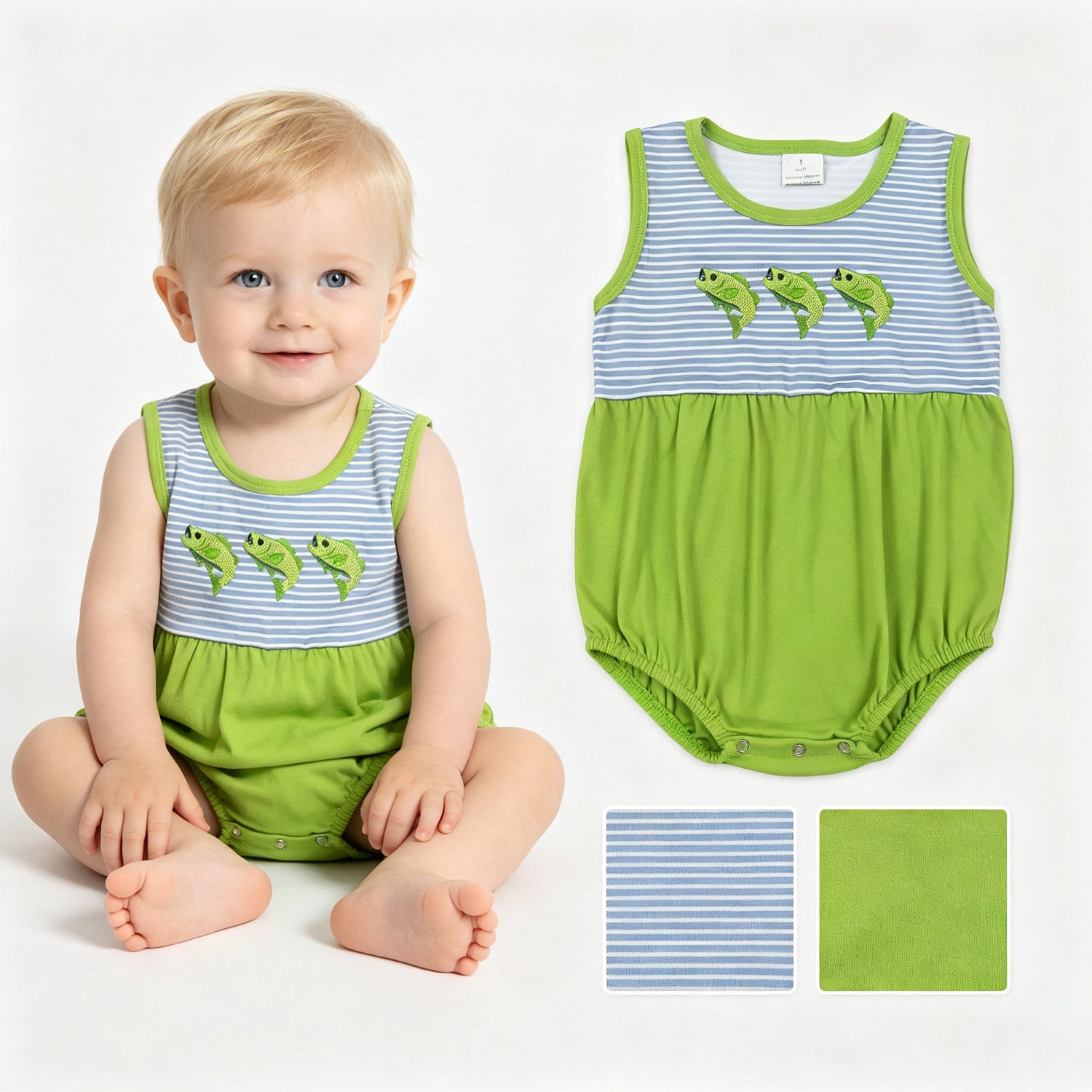 Sleeveless fish embroidery green baby boy romper
