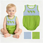 Green sleeveless baby boy romper with fish embroidery, designed for boys, from Mini Rodeo&