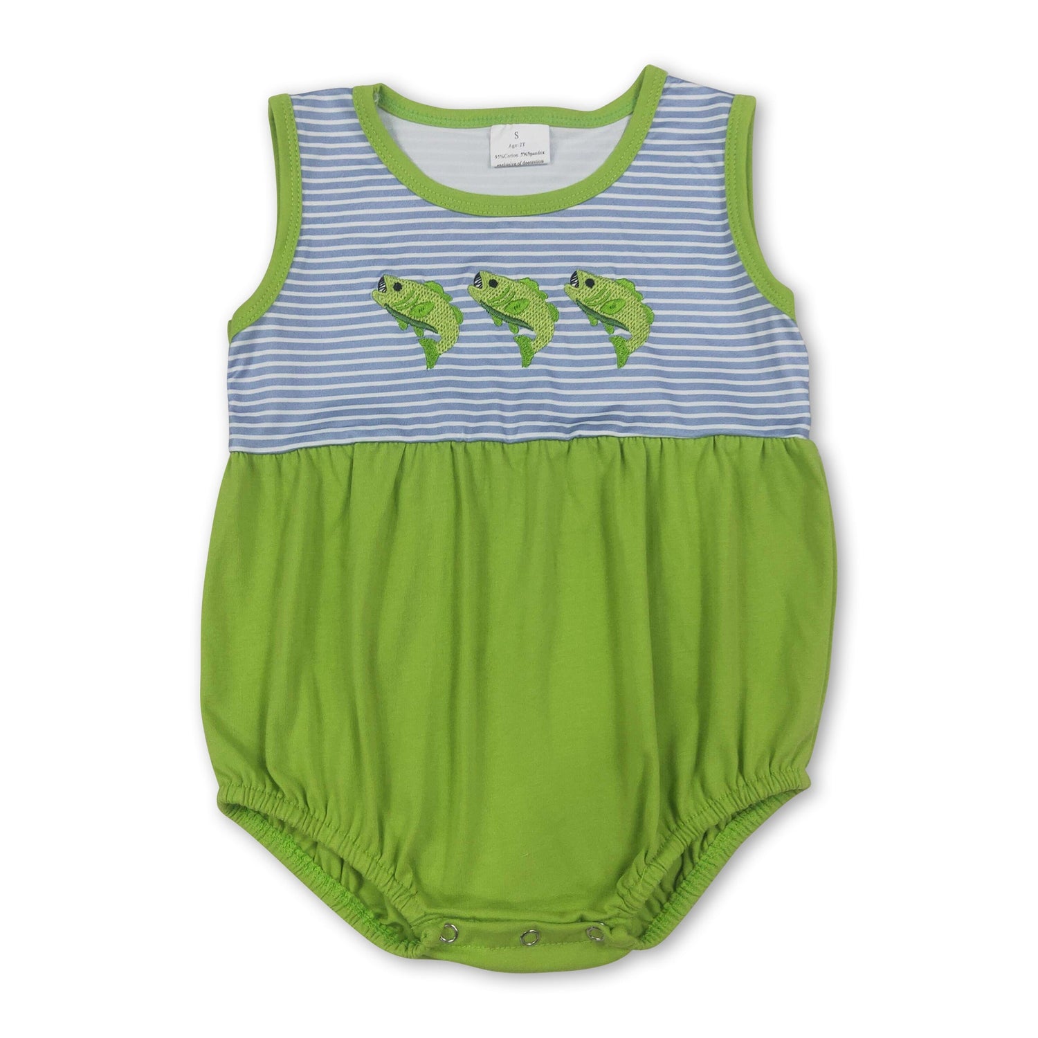 Sleeveless fish embroidery green baby boy romper