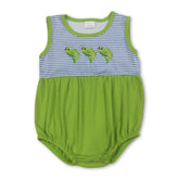 Green sleeveless baby boy romper with fish embroidery, Mini Rodeo Boy Bubbles, casual and comfortable for little boys.