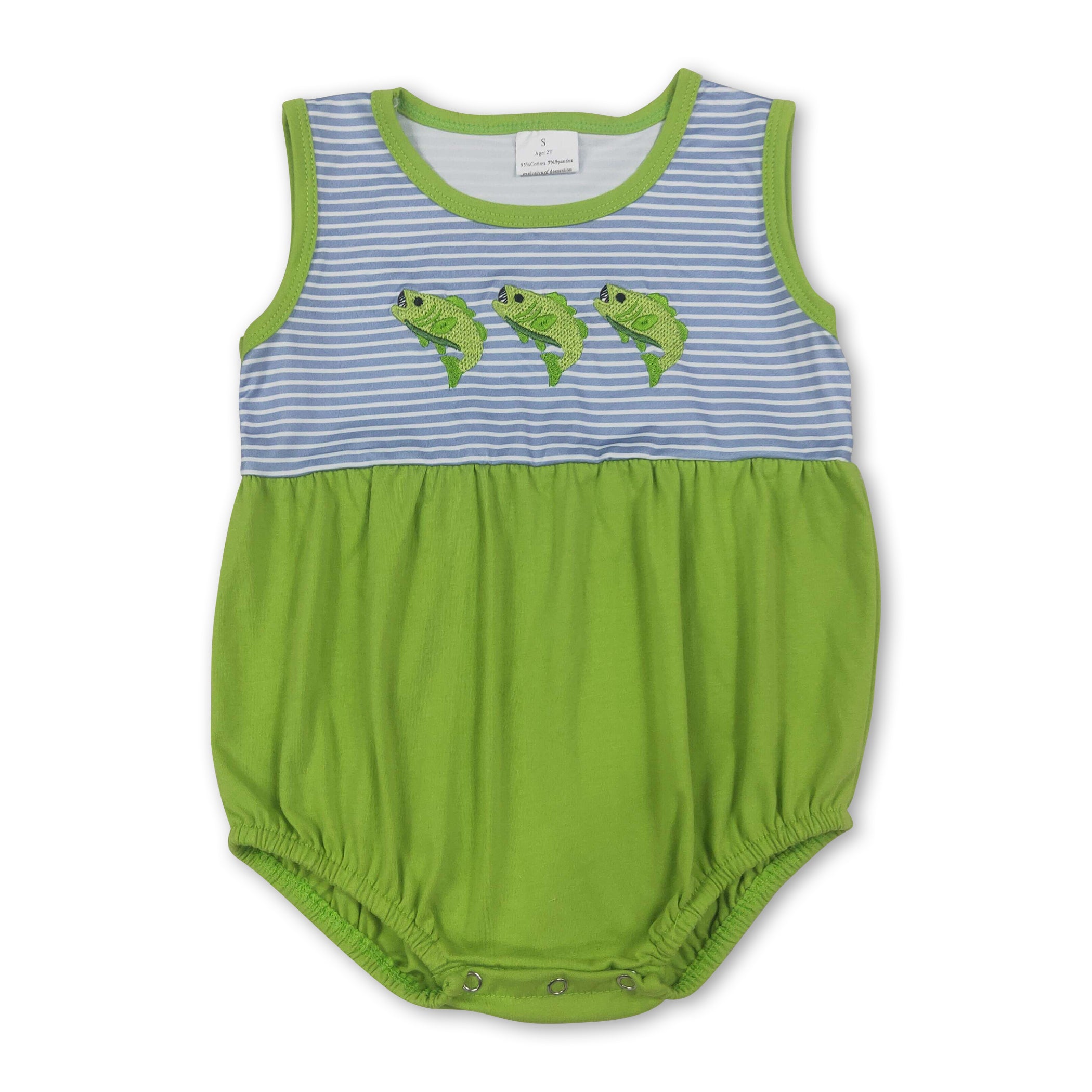 Sleeveless fish embroidery green baby boy romper