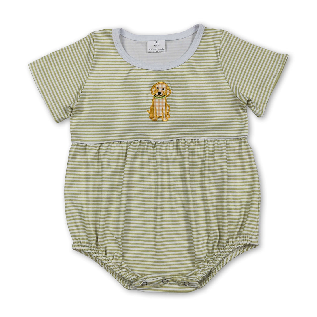 Mini Rodeo short sleeve baby boy romper with dog embroidery and stripe pattern, perfect for casual wear.