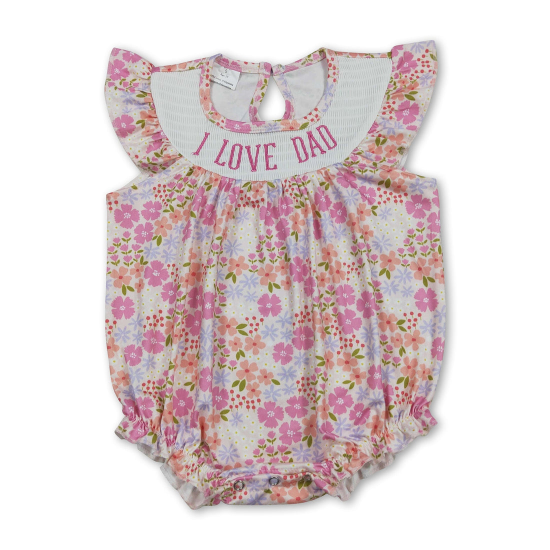 Pink floral baby girl romper with smocked detail from Mini Rodeo, perfect for summer wear and adorable photos.