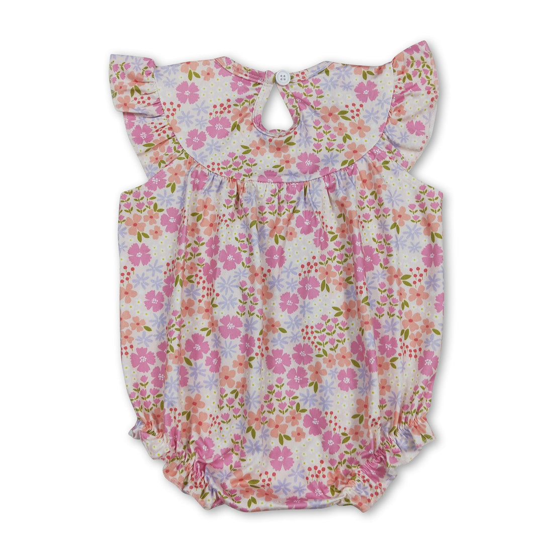 Pink floral smocked baby girl romper by Mini Rodeo with "I love dad" embroidery, perfect for summer and warm weather.