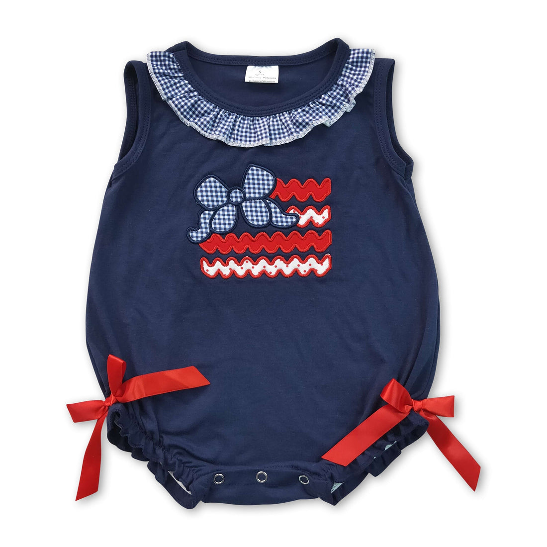 Baby girl sleeveless romper with bow flag embroidery for 4th of July, by Mini Rodeo, featuring cute bubble style design.