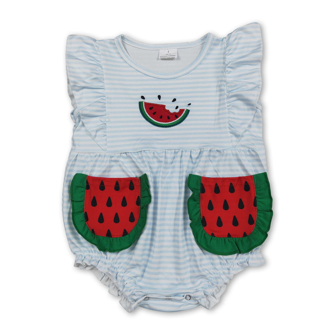 Mini Rodeo Flutter sleeves watermelon embroidery girls summer romper, girl bubble romper with playful fruit design and lightweight fabric.