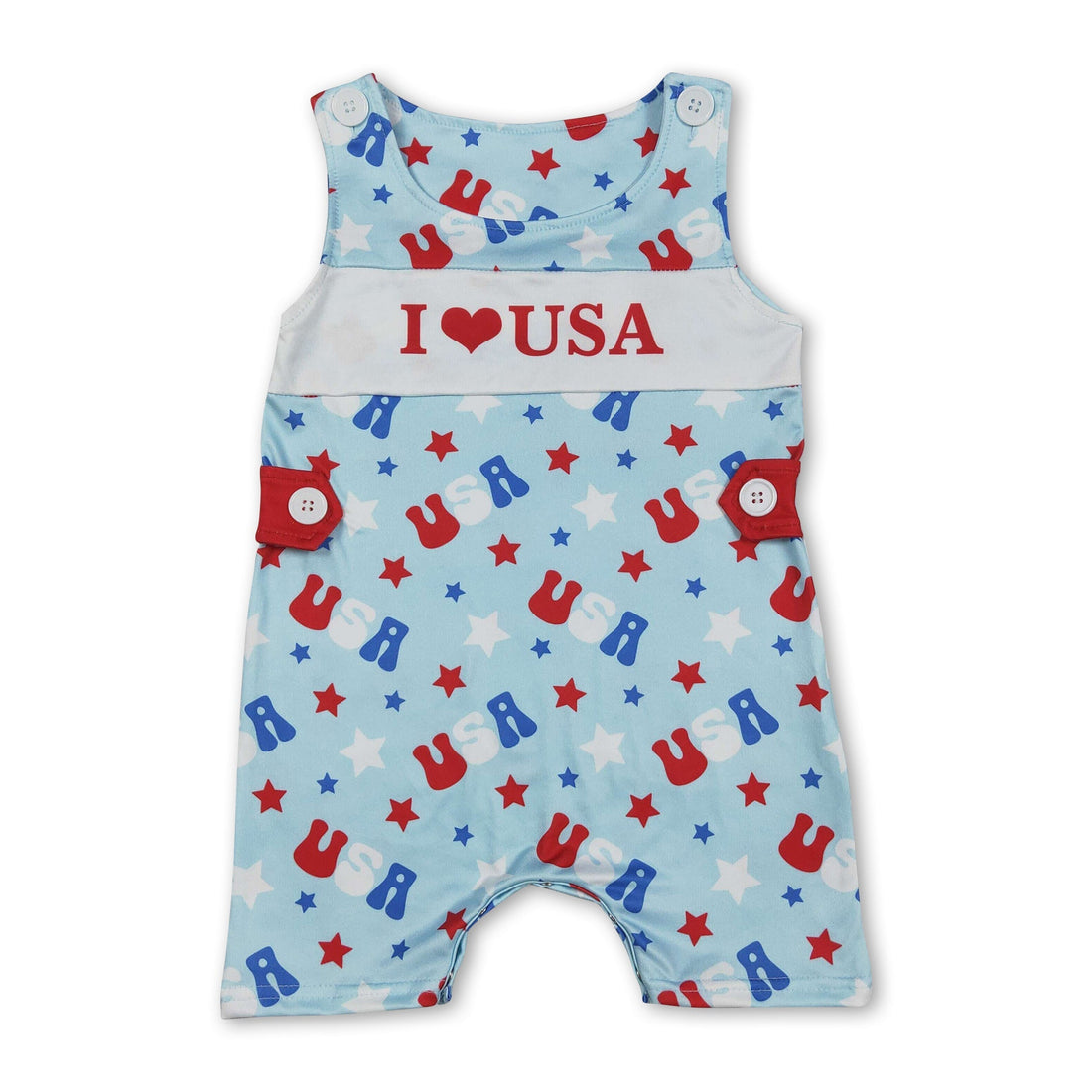 Baby boy sleeveless romper featuring USA stars and "I love USA" design by Mini Rodeo, perfect for 4th of July celebrations.
