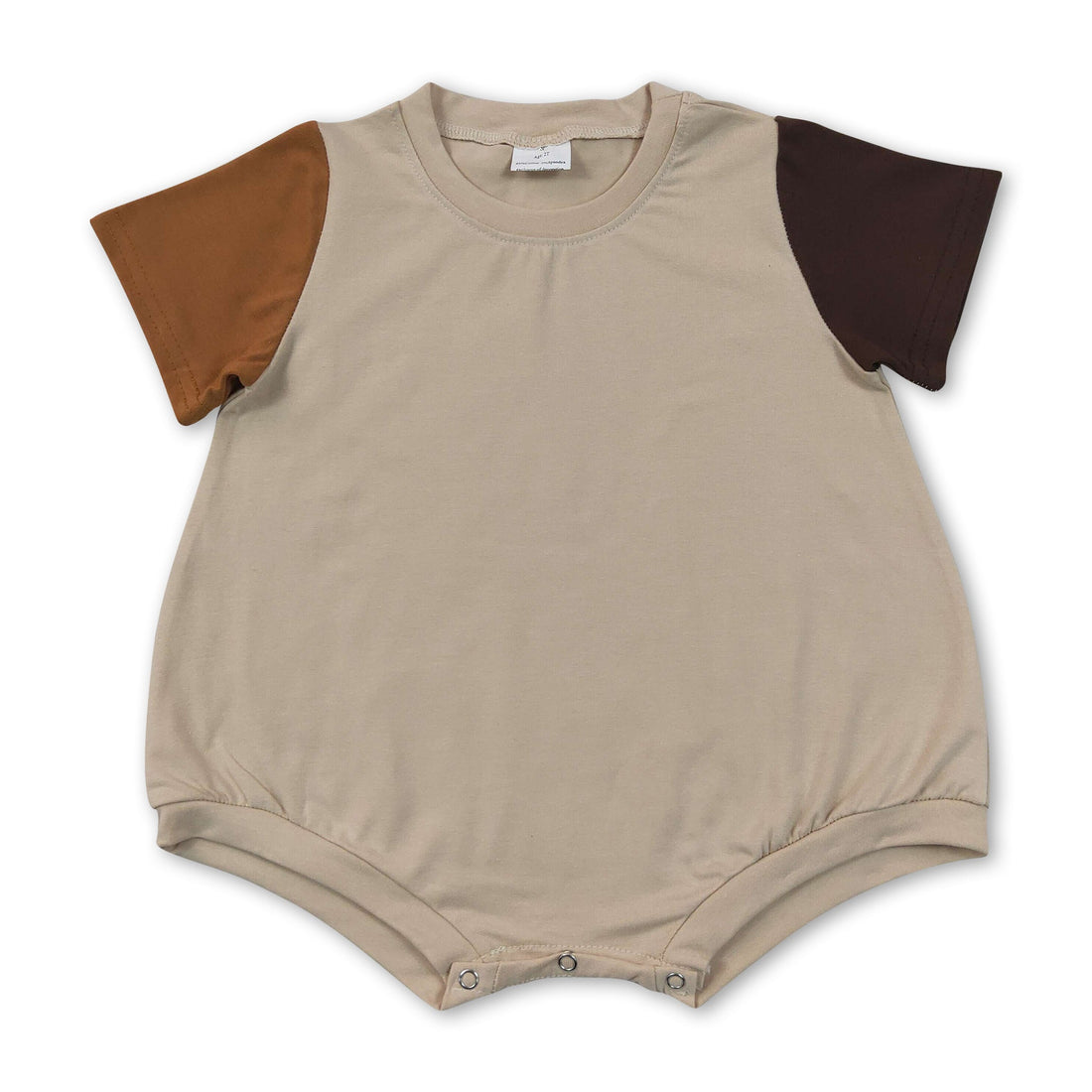 Light dark brown cotton short-sleeve boy romper by Mini Rodeo, featuring a summer bubble design with a comfortable fit.