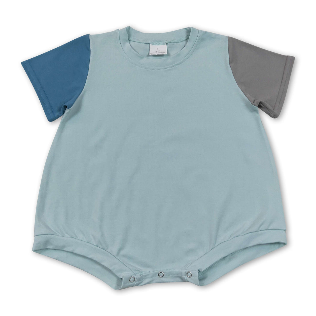 Mini Rodeo blue grey cotton baby boy short sleeve romper, summer bubbles suit with comfortable fit and playful style.
