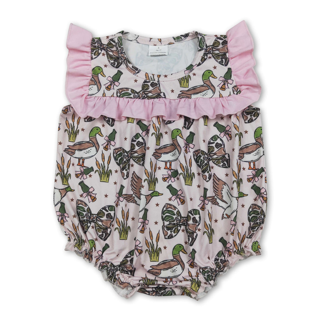Pink ruffle duck camo bow baby girl romper from Mini Rodeo, featuring ruffles and summer style for adorable baby girls.