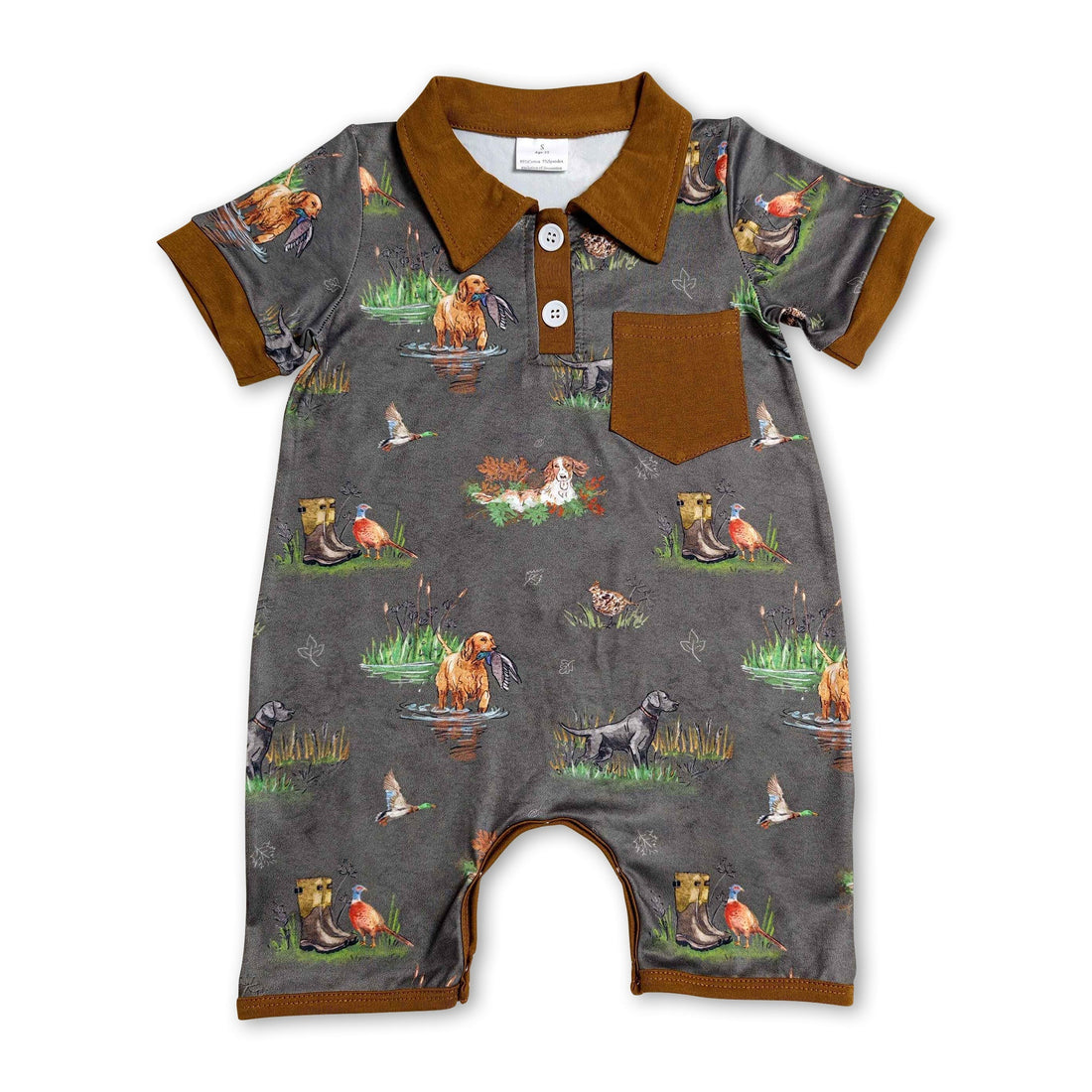 Mini Rodeo boy bubble romper with short sleeves, duck pocket design, perfect for baby boys&