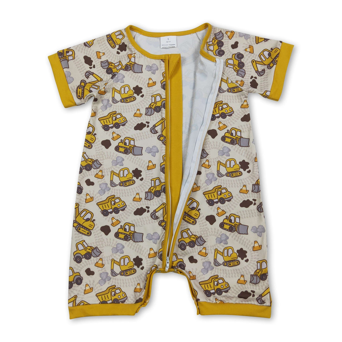Mini Rodeo short sleeve construction baby boy zipper romper, soft fabric with construction-themed print, front zipper closure.