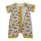 Mini Rodeo short sleeve construction baby boy zipper romper, soft fabric with construction-themed print, front zipper closure.