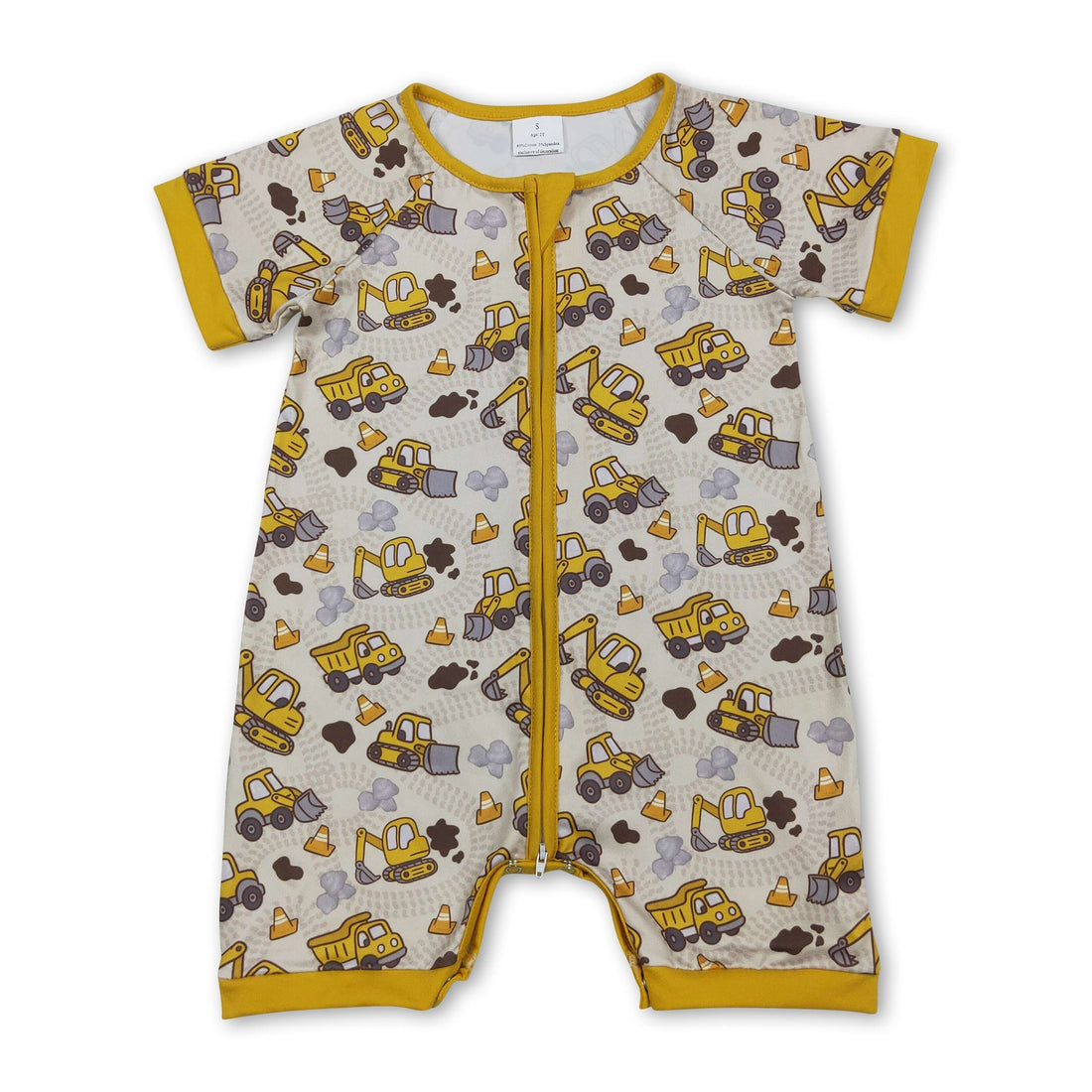 Mini Rodeo short sleeve construction baby boy zipper romper with playful construction print and comfortable fit.