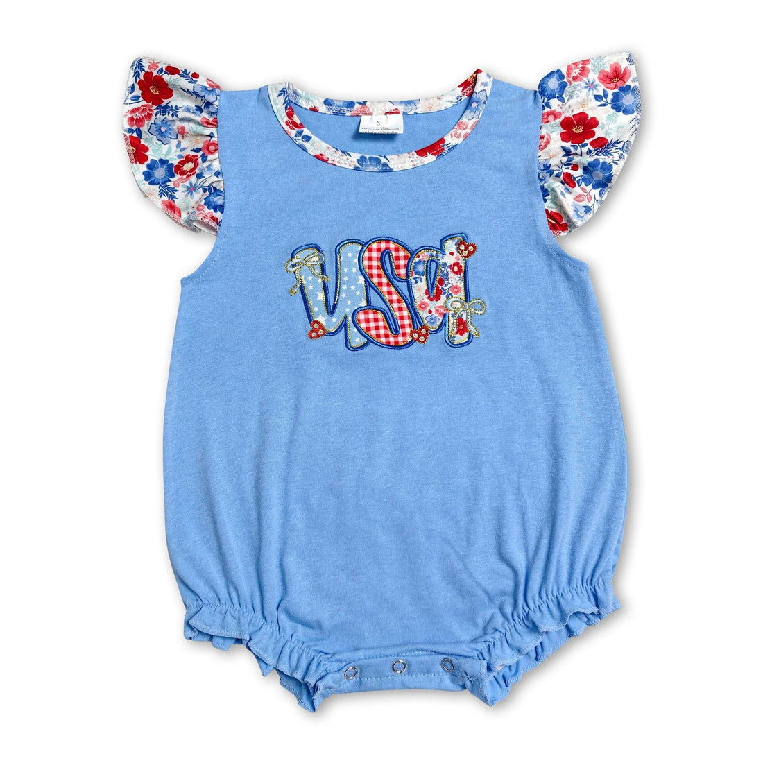 Baby girl romper with floral flutter sleeves and USA embroidery, perfect for 4th of July celebrations, by Mini Rodeo.