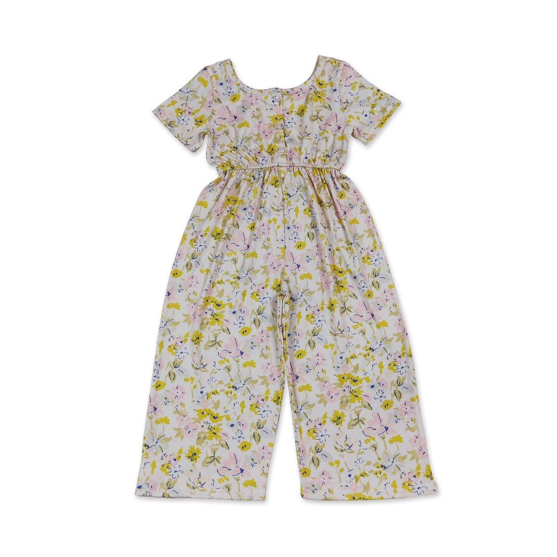 Pink and yellow floral girl jumpsuit with short sleeves from Mini Rodeo, perfect for kids and girls.