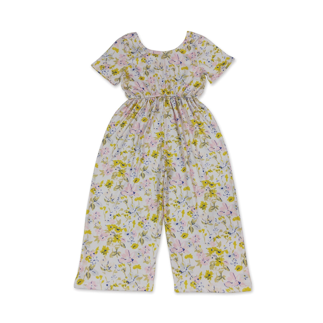 Pink and yellow floral girl jumpsuit with short sleeves, made by Mini Rodeo, perfect for kids&