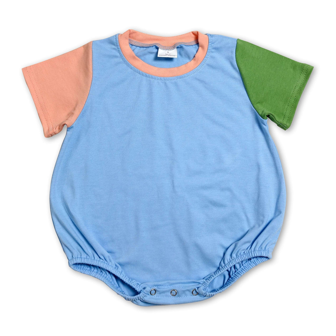 Mini Rodeo boy bubbles summer romper in orange and green cotton with short sleeves, designed for baby boys.