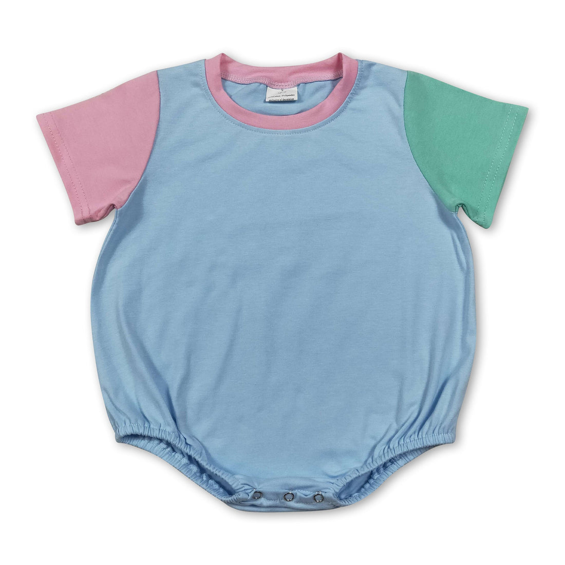 Pink mint cotton baby boy summer romper with short sleeves, from Mini Rodeo Boy Bubbles collection, featuring playful design and comfortable fit.