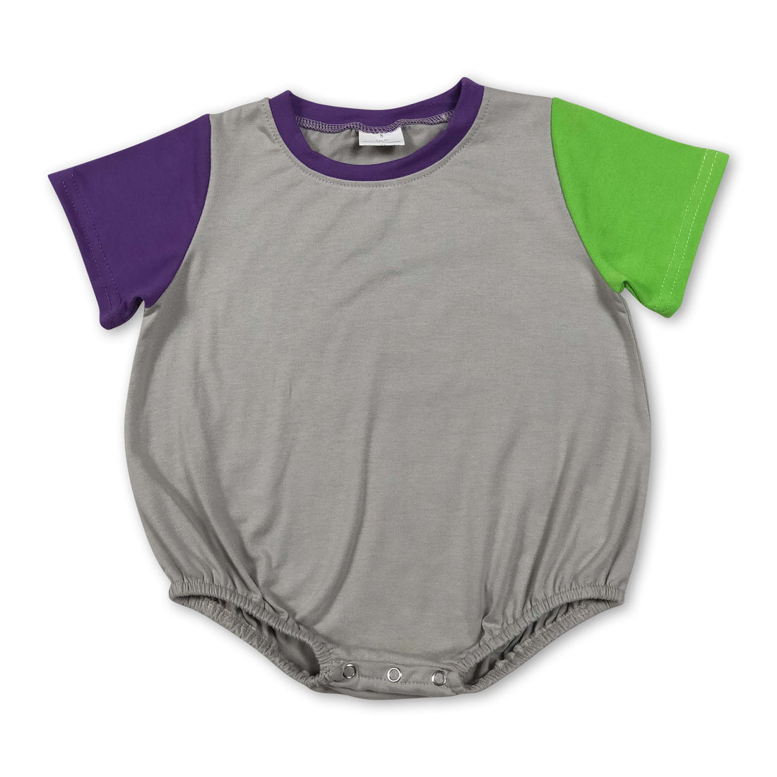Mini Rodeo boy bubbles romper in purple and green cotton with short sleeves, perfect for summer baby boy wear.