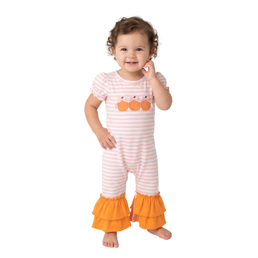 Orange stripe pumpkin bow embroidery girls fall romper