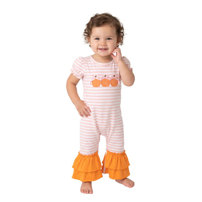Orange stripe pumpkin bow embroidery girls fall romper