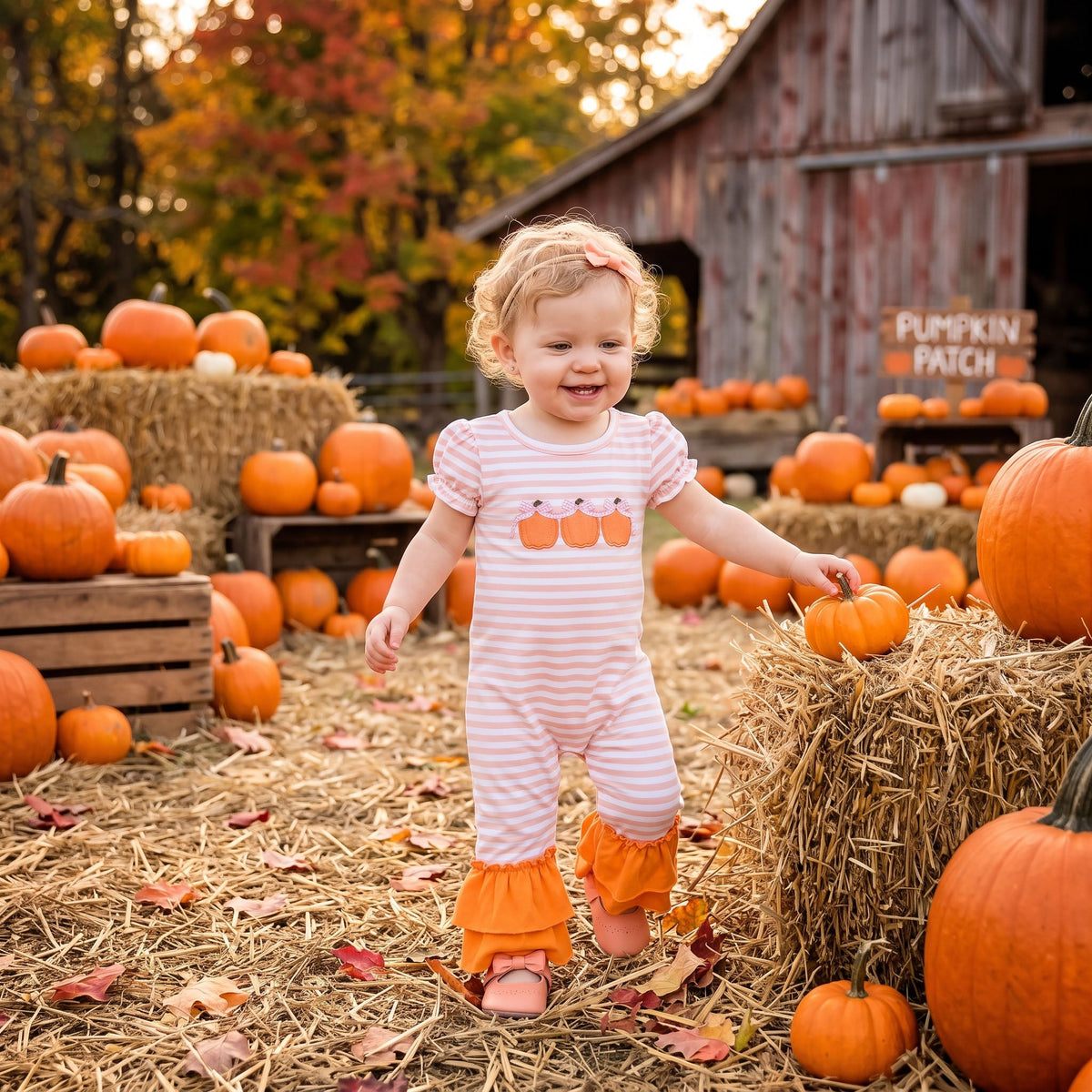 Orange stripe pumpkin bow embroidery girls fall romper