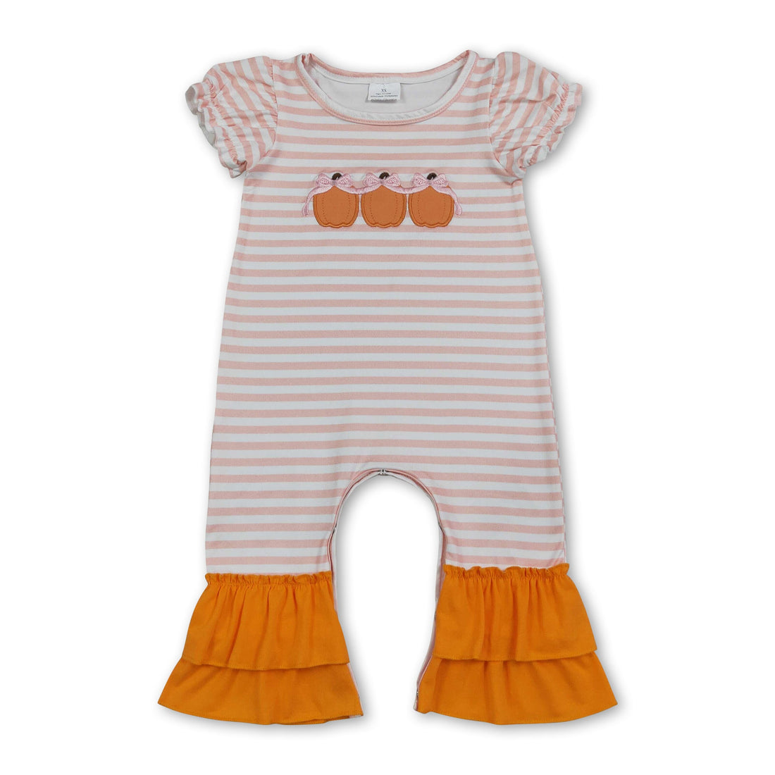 Orange stripe pumpkin bow embroidery girls fall romper