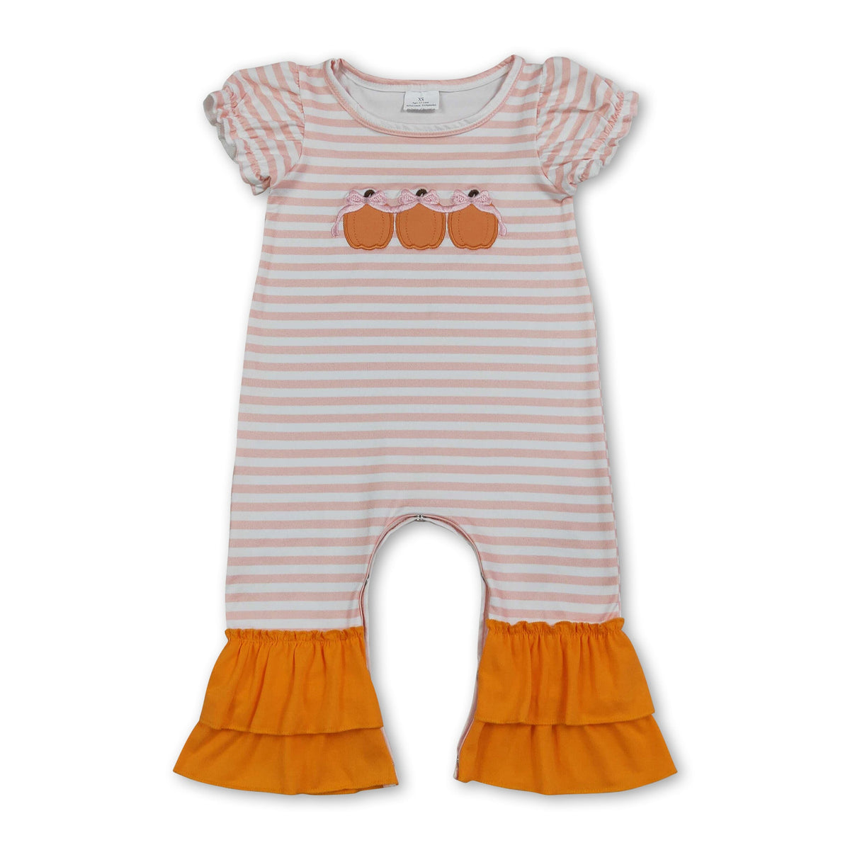 Orange stripe pumpkin bow embroidery girls fall romper