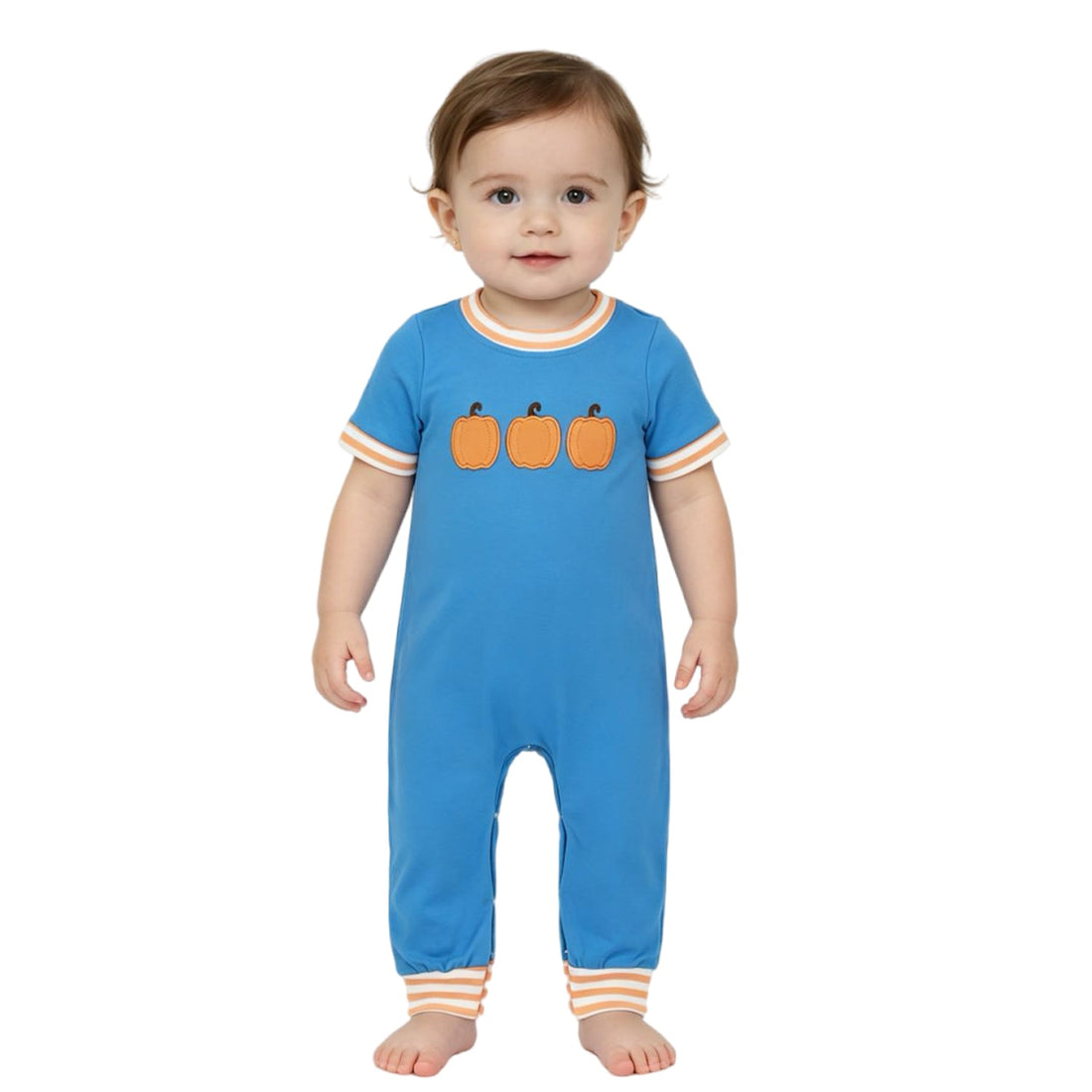 Short sleeves blue pumpkin embroidery boy fall romper