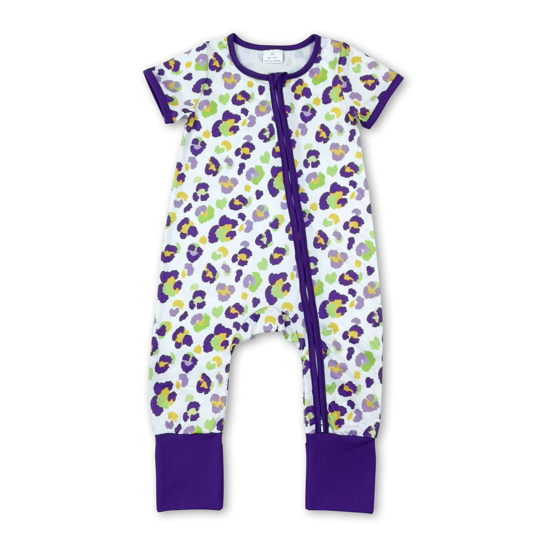 Short sleeves purple leopard girls Mardi Gras zipper romper
