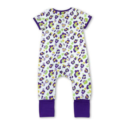Short sleeves purple leopard girls Mardi Gras zipper romper