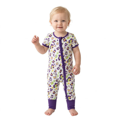 Short sleeves purple leopard girls Mardi Gras zipper romper