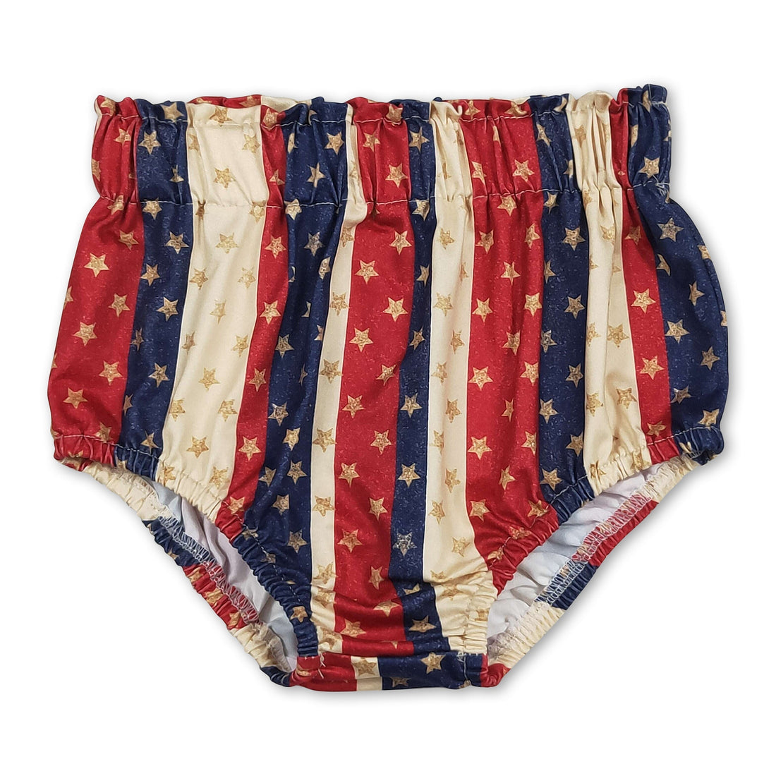 Mini Rodeo Stripe Stars kids 4th of July bummies with red, white, and blue stars and stripes design, perfect for patriotic summer wear.