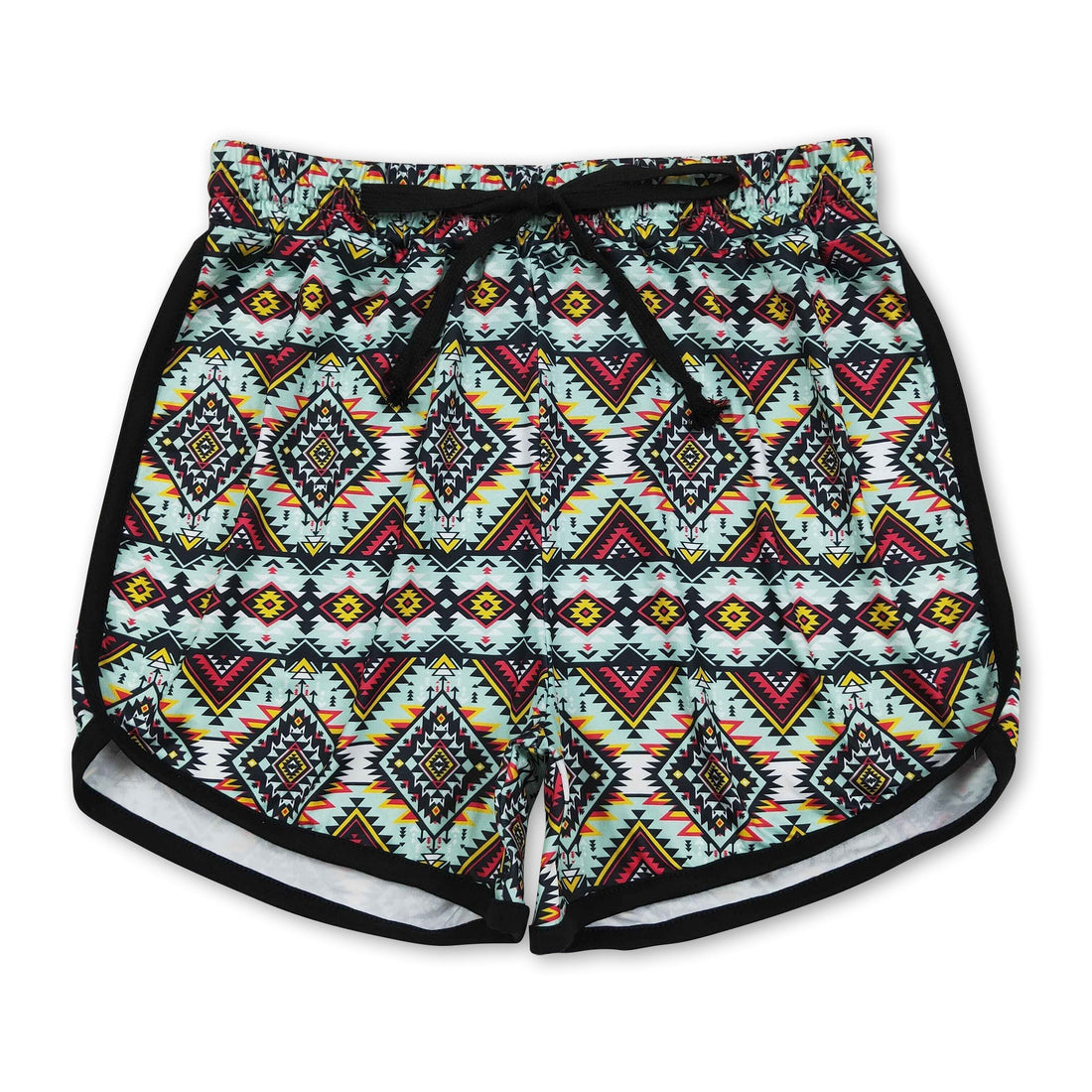 Women’s Aztec Western summer shorts by Mini Rodeo, featuring vibrant tribal patterns and denim fabric, perfect for warm weather.