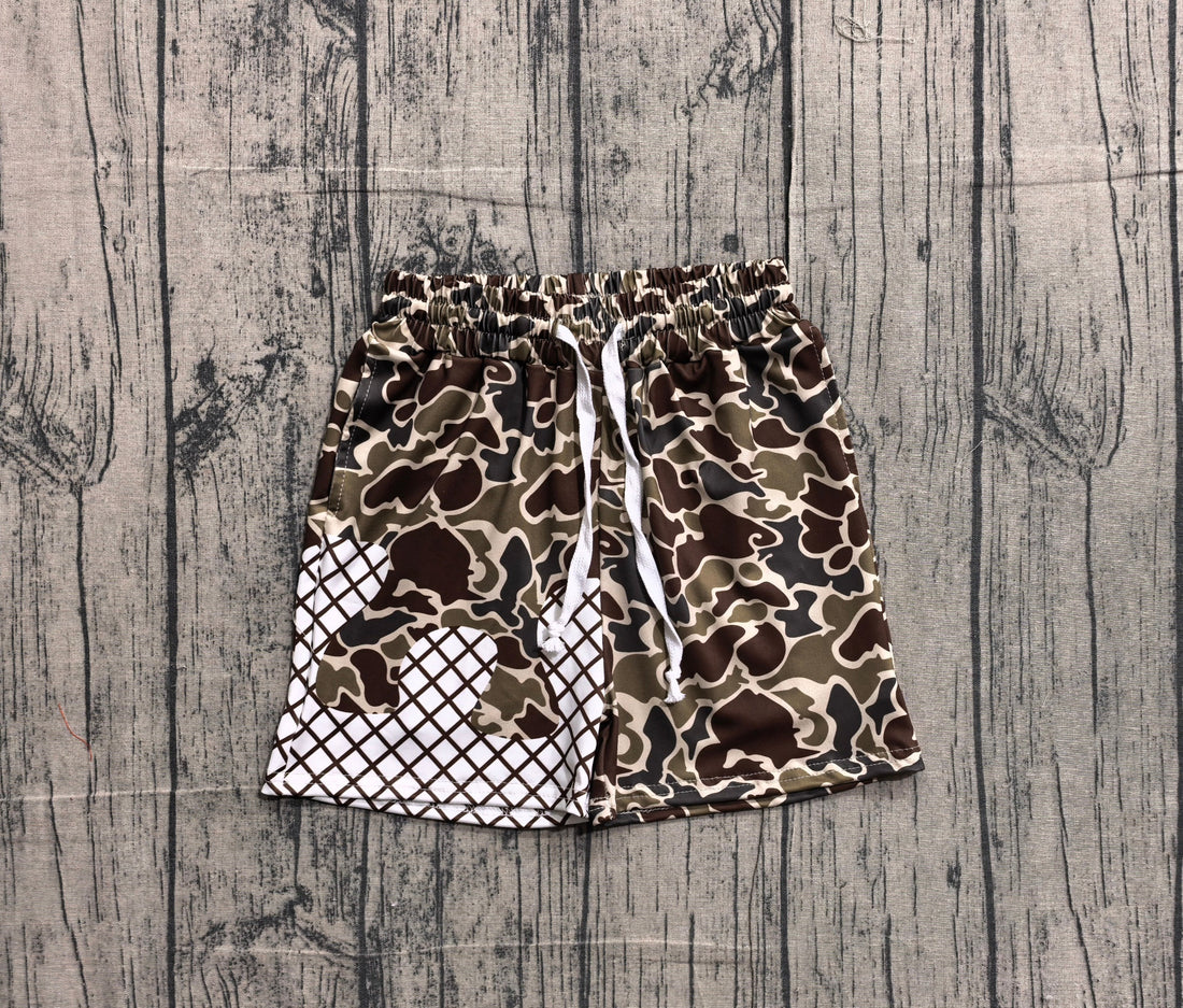 Dark brown camo ice cream print boys summer shorts by Mini Rodeo, featuring a comfortable fit for kids.