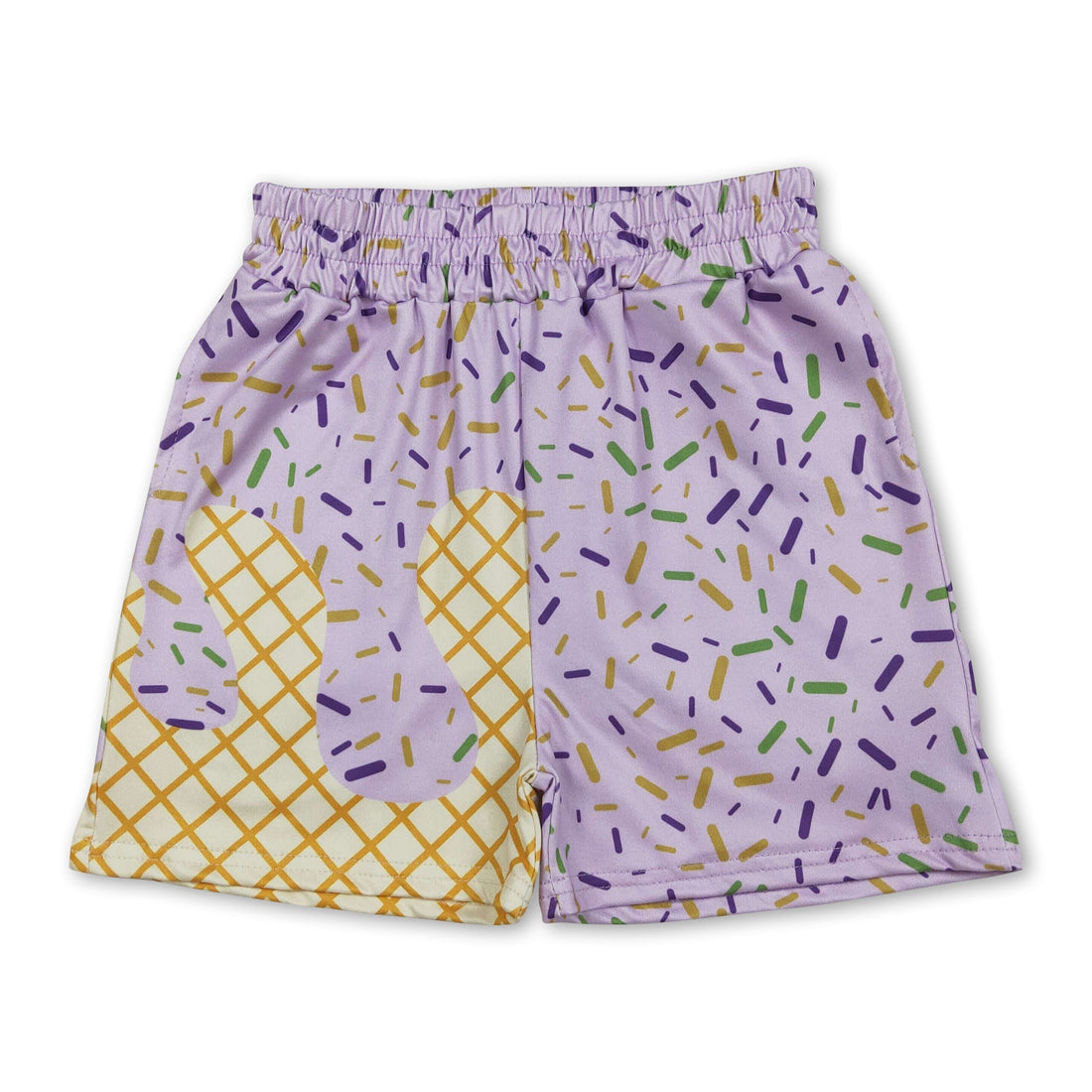 Mini Rodeo boy shorts featuring colorful Mardi Gras ice cream sprinkle pattern in purple, yellow, and green.