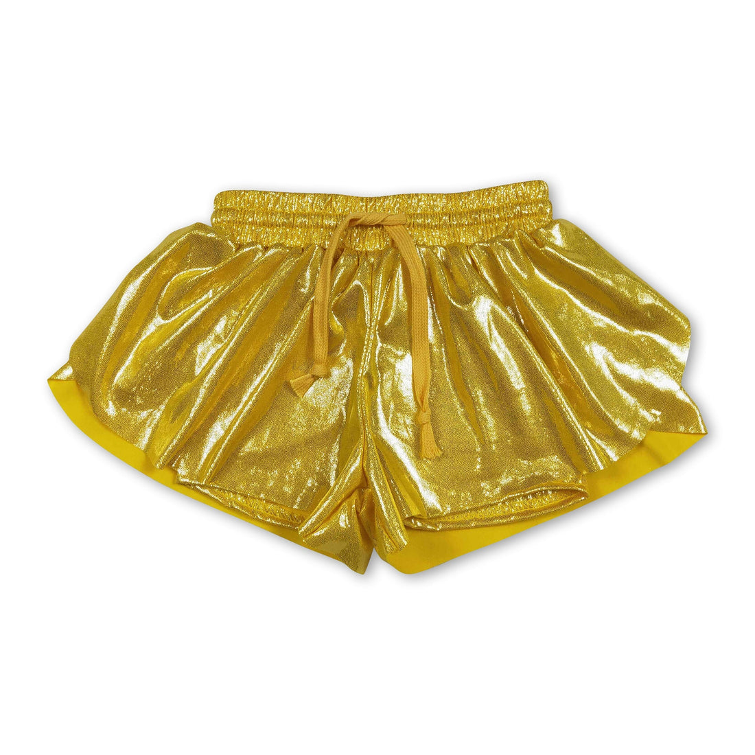 Yellow girl shorts with drawstring waist from Mini Rodeo, perfect for kids, featuring a comfortable and stylish design.
