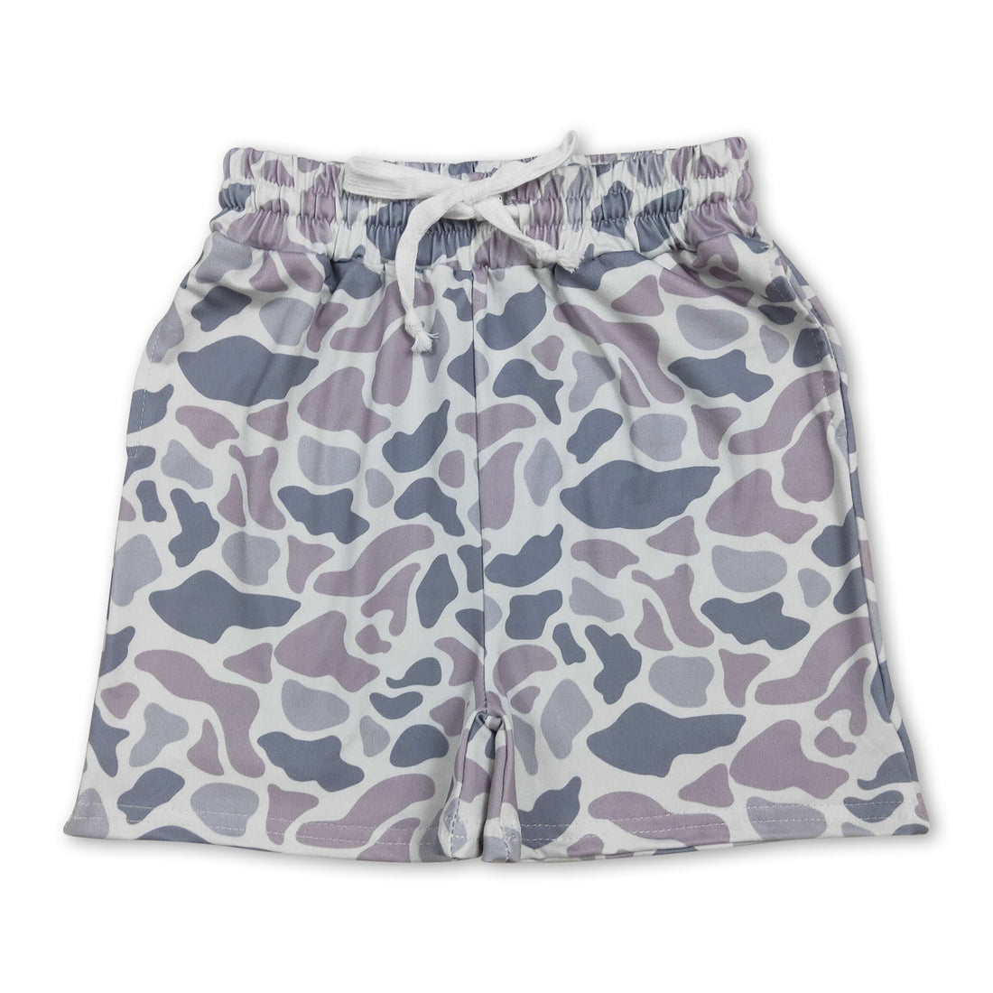 Grey camo drawstring boy shorts for kids by Mini Rodeo, summer casual shorts with comfortable fit and stylish design.