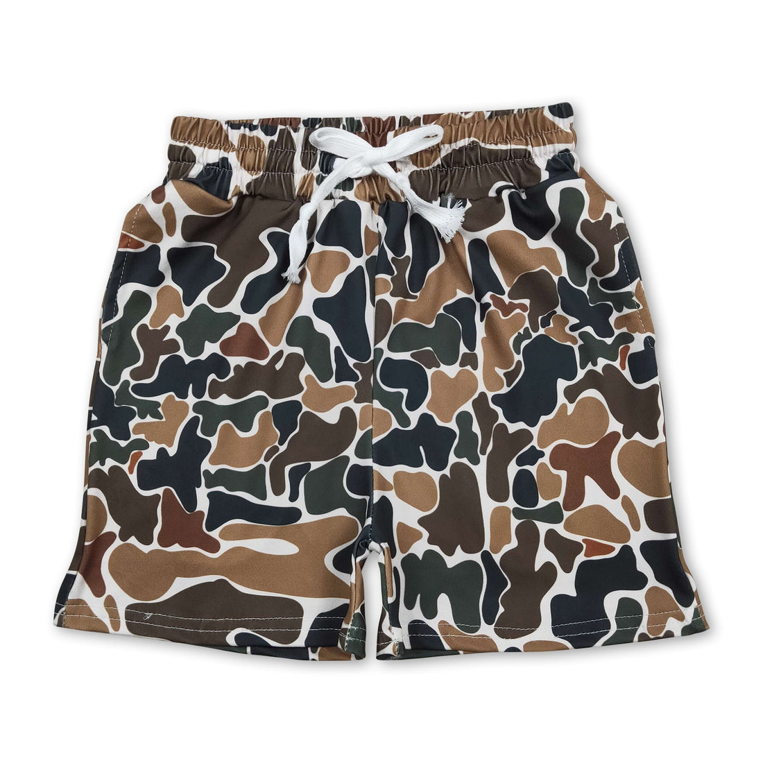 Brown camo boys summer shorts by Mini Rodeo, lightweight boy shorts with a stylish camouflage pattern for kids.