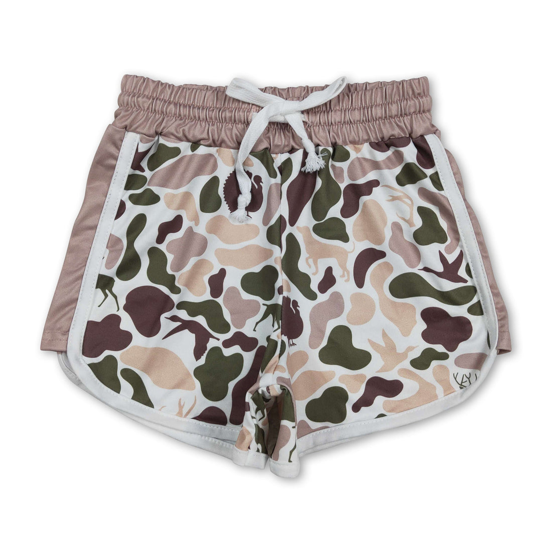 Mini Rodeo girl shorts with duck, deer, and camo print, featuring a drawstring waist, perfect for summer kids&