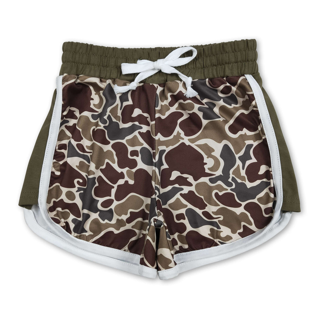 Dark green camouflage girl shorts with drawstring waist, summer style, from Mini Rodeo, for kids and girls.